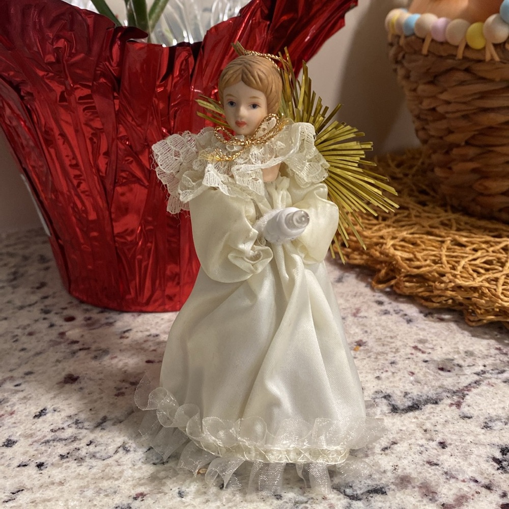 Vintage Porcelain Gold Angel Holding Light Christmas tree topper or ornament 🎄